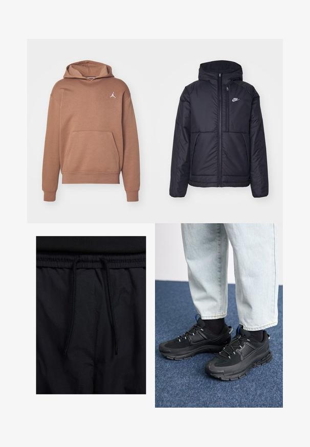 Čierna, polstrovaná bunda Nike so zipsom vpredu a kapucňou. Na ľavej strane hrude sa nachádza biele logo a sú tu dva predné vrecká. Hladký vonkajší povrch.; Hnedá mikina s kapucňou vyrobená z mäkkej tkaniny, s klokannou vreckom, rebrovanými manžetami a bielym logom Jumpman na hrudi.; Čierne šortky s pásom na stiahnutie, z ľahkej látky s hladkou textúrou a jednoduchým dizajnom bez viditeľných log alebo vzorov.; Čierne športové topánky s textúrovanou tkaninou a gumovou podrážkou, so elastickými šnúrkami a modrým akcentom na päte. Nosia sa s svetlými riflami.