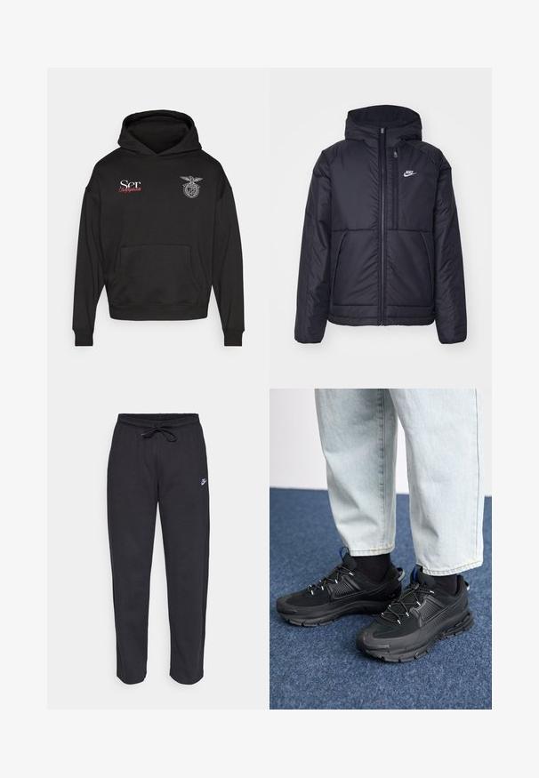 Černá zateplená bunda Nike s předním zipem a kapucí. Na levé straně hrudi má bílé logo a dvojité přední kapsy. Hladký povrch.; Černá mikina s kapucí a přední kapsou, s bílým textem "Ser" a červeným "Bolgosta", a vyšitým emblémem na hrudi.; Černé tepláky vyrobené z měkké tkaniny s elastickým pasem, šňůrkou na stažení a malým logem Nike na levém stehně.; Černé sportovní boty s texturovanou tkaninou a gumovou podrážkou, s elastickými tkaničkami a modrým akcentem na patě. Nosí se s světlými džíny.