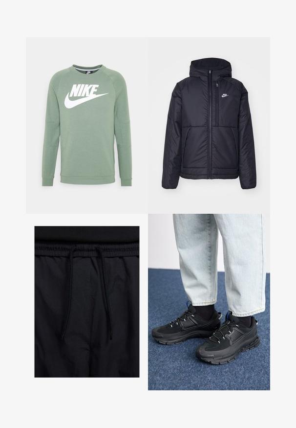 Casaco Nike preto, acolchoado, com fecho à frente e capuz. Apresenta um logo branco no lado esquerdo do peito e dois bolsos frontais. Textura exterior lisa.; Nike Sportswear M NSW MODERN CRW FLC HBR - Camisola - spiral sage/white; Calções pretos com um cós elástico ajustável, fabricados em tecido leve com uma textura suave e um design simples, sem logótipos ou padrões visíveis.; Sapatilhas desportivas pretas com tecido texturizado e solas em borracha, apresentando atacadores elásticos e um detalhe azul no calcanhar. Usadas com calças de ganga claras.