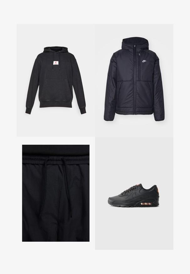 Zwarte, gewatteerde Nike-jas met een voorkant met ritssluiting en capuchon. Kenmerkt zich door een wit logo op de linkerborst en dubbele frontzakken. Gladde buitenkant.; Zwarte hoodie met een voork pocket en een rood Jumpman-logo op een witte patch, gecentreerd op de borst, weergegeven tegen een witte achtergrond.; Zwarte shorts met een drawstring tailleband, lichtgewicht stof met een zachte textuur en een eenvoudig ontwerp zonder zichtbare logo's of patronen.; Nike Air Max 90 sneakers met een zwarte synthetische bovenkant, gestructureerd oppervlak, vetersluiting, zichtbare luchtunit en oranje accentlogo.