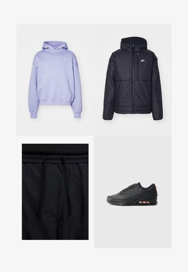 Melna, pufota Nike jaka ar priekšējo rāvējslēdzēju un kapuci. Iezīmēta ar baltu logotipu uz kreisās krūtis un divām priekšējām kabatām. Gluda ārējā tekstūra.; Gaiši violets džemperis ar kapuci, izgatavots no mīksta auduma, ar priekšējo kabatu un mazu baltu logotipu uz krūšu zonas. Kapuces dizainā ir divi slāņi.; Melni šorti ar sašūtu jostu, viegls audums ar gludu tekstūru un vienkāršs dizains bez redzamiem logotipiem vai paraugiem.; Nike Air Max 90 šķiņķi ar melnu sintētisku augšdaļu, teksturētu apdari, šņorējamu priekšpusi, redzamu gaisa vienību un oranžu akcentu logotipu.