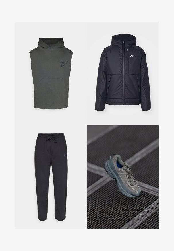Melna, pufota Nike jaka ar priekšējo rāvējslēdzēju un kapuci. Iezīmēta ar baltu logotipu uz kreisās krūtis un divām priekšējām kabatām. Gluda ārējā tekstūra.; Pelēka bez piedurknēm kapuce ar priekšējo kabatu, kurai ir tekstūrēts bullis grafika uz krūtīm un kapuces aukla.; Melnas sporta bikses, kas izgatavotas no mīksta auduma, ar elastīgu jostu, auklu un mazu Nike logo uz kreisā augšstilba.; Bežīgas un pelēkas sporta kurpes ar teksturētu sieta augšdaļu, noapaļotu purngalu un gumijas zoli, satur šņores un mīkstinātu apkakli.