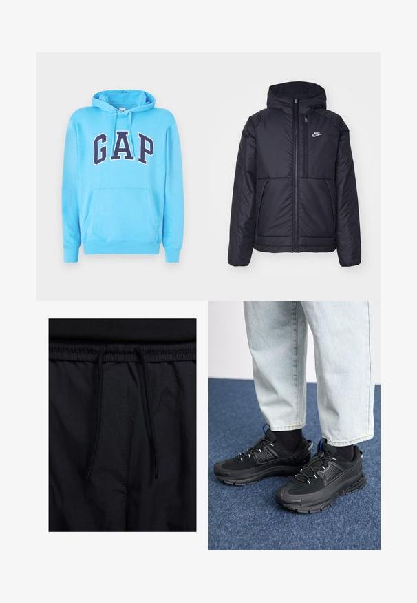 Jachetă Nike neagră, căptușită, cu fermoar pe față și glugă. Prezintă un logo alb pe pieptul stâng și două buzunare frontale. Textură exterioară netedă.; Hanorac albastru deschis dintr-un material moale, având un buzunar tip kangaroo și o glugă cu șnur. Logo-ul "GAP" în litere marine îndrăznețe pe față.; Șorturi negre cu un brâu reglabil, dintr-un material ușor cu o textură netedă și un design simplu, fără logo-uri sau modele vizibile.; Pantofi sport negri, cu țesătură texturată și tălpi din cauciuc, având șireturi elastice și un accent albastru pe toc. Purtați cu pantaloni din denim deschis.