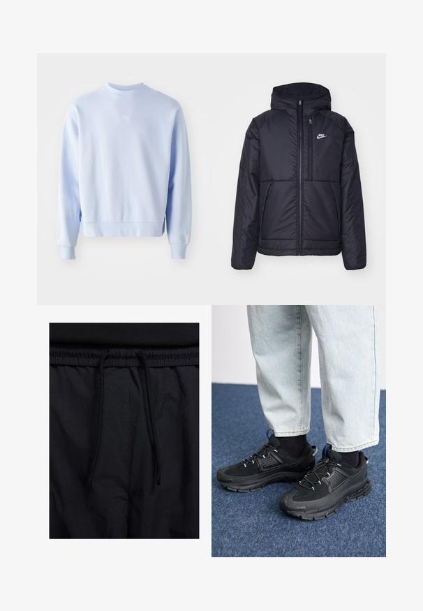 Giacca Nike nera, imbottita, con zip frontale e cappuccio. Presenta un logo bianco sul lato sinistro del petto e doppie tasche frontali. Texture esterna liscia.; Felpa azzurra chiara realizzata in materiale morbido, con scollatura rotonda, polsini a costine e un piccolo logo sul petto.; Shorts neri con vita regolabile tramite coulisse, tessuto leggero con una texture liscia e un design semplice senza loghi o motivi visibili.; Scarpe sportive nere con tessuto testurizzato e suole in gomma, dotate di lacci elastici e un accento blu sul tallone. Indossate con pantaloni in denim chiaro.
