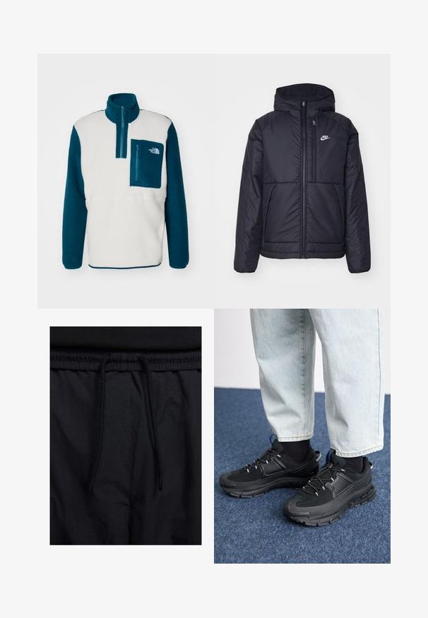 Črna, podložena Nike jakna z sprednjim zadrgo in kapuco. Ima bel logo na levem prsnem delu in dvojna sprednja žepa. Gladka zunanja tekstura.; The North Face YUMIORI 1/4 ZIP - Pulover iz flisa - white dune/midnight petrol/mallard blue; Črne kratke hlače z vrvico v pasu, lahkotna tkanina z gladko teksturo in preprosto zasnovo brez vidnih logotipov ali vzorcev.; Črne športne čevlje z teksturirano tkanino in gumijastimi podplati, ki imajo elastične vezalke ter modre poudarke na peti. Nosi se z lahkimi denim hlačami.