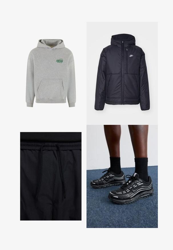 Čierna, polstrovaná bunda Nike so zipsom vpredu a kapucňou. Na ľavej strane hrude sa nachádza biele logo a sú tu dva predné vrecká. Hladký vonkajší povrch.; Sivá bavlnená mikina s klokaním vreckom na prednej strane, rebrovanými manžetami a lemom, a zeleným logom "ANOTHER COTTON LAB" na ľavej hrudi.; Čierne šortky s pásom na stiahnutie, z ľahkej látky s hladkou textúrou a jednoduchým dizajnom bez viditeľných log alebo vzorov.; Čierne tenisky Nike majú sieťkový zvršok s akcentovými pruhmi, textúrovaným šnurovaním a čiernu gumovú podrážku. Nosené s čiernymi rebrovanými ponožkami.