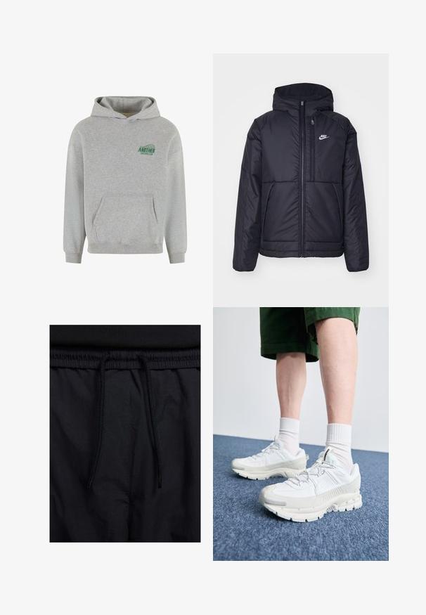 Must musta Nike jope, millel on ees lukuga avamine ja kapuuts. Vasakpoolne rind on kaunistatud valge logoga ning ees on kaks taskut. Sile välimine tekstuur.; Hallhalli hallide ees põhiline kangaroopood, soonikääred ja -äär, ning vasakul rinnal roheline "ANOTHER COTTON LAB" logo.; Mustad lühikesed püksid, millel on paelaga vöökoht, kerge kangas, mis on sileda tekstuuriga ning lihtne disain ilma nähtavate logode või mustriteta.; Valged sportsijalatsid tekstuursete pealsete, kopsaka tallaga ja hallide aktsentidega. Kanda valgete lühikeste sokkidega ja roheliste lühikeste pükstega sinisel pinnal.