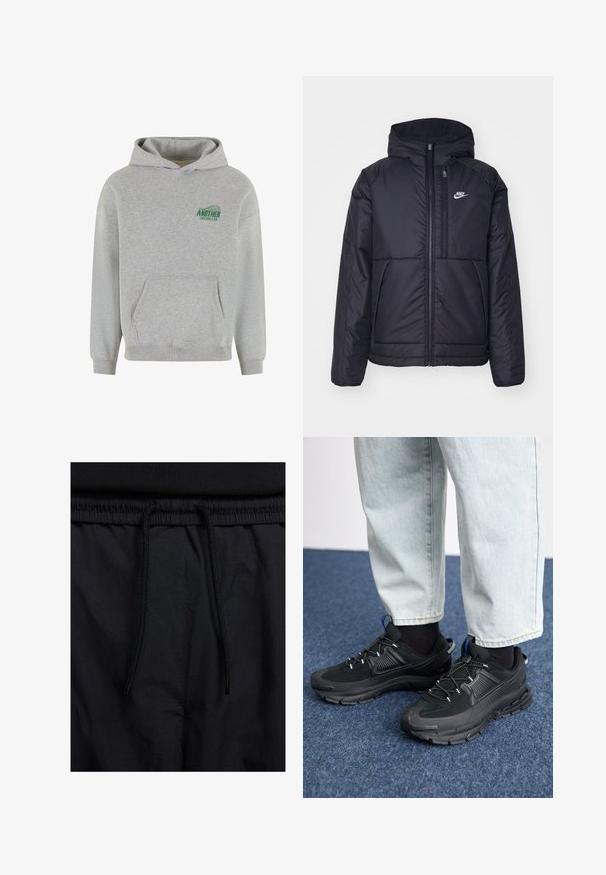 Melna, pufota Nike jaka ar priekšējo rāvējslēdzēju un kapuci. Iezīmēta ar baltu logotipu uz kreisās krūtis un divām priekšējām kabatām. Gluda ārējā tekstūra.; Pelēka kokvilnas kapuce ar priekšējo kangaroo kabatu, ribotām aproču un apakšmala, un zaļu "ANOTHER COTTON LAB" logotipu kreisajā krūtīs.; Melni šorti ar sašūtu jostu, viegls audums ar gludu tekstūru un vienkāršs dizains bez redzamiem logotipiem vai paraugiem.; Melni sporta apavi ar strukturētu audumu un gumijas zoli, ar elastīgām auklām un zilu akcentu uz papēža. Nēsāti ar gaišām džinsu biksēm.