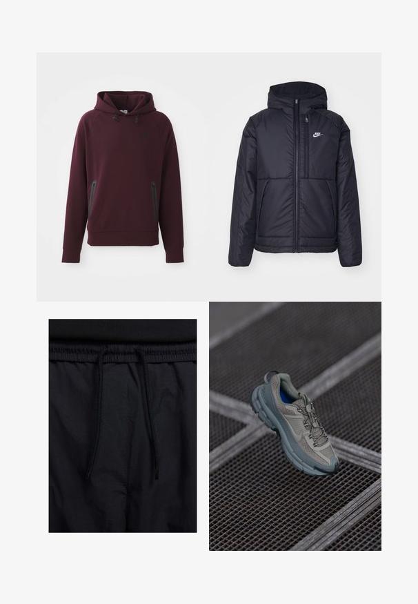 Crna Nike jakna s podstavom, dugmadi sprijeda i kapuljačom. Ima bijeli logotip na lijevoj strani prsnog koša i dva prednja džepa. Glatka vanjska tekstura.; Maroon majica s kapuljačom izrađena od mekog materijala ima kengururu džep s bočnim zatvaračima i crnim detaljima. Rebraste manžete i donji rub.; Crne kratke hlače s pojasom na vezanje, lagani materijal s glatkom teksturom i jednostavan dizajn bez vidljivih logotipa ili uzoraka.; Bež i sivi sportski tenisice s teksturiranim mrežastim gornjim dijelom, zaobljenim vrhom i gumenom potplatom, s vezicama i podstavljenim ovratnikom.