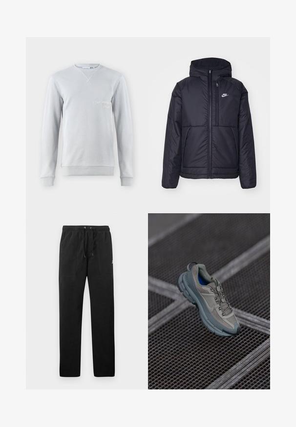 Must musta Nike jope, millel on ees lukuga avamine ja kapuuts. Vasakpoolne rind on kaunistatud valge logoga ning ees on kaks taskut. Sile välimine tekstuur.; Heled hall sweatshirt, puuvilla segu, ümar kaelus, ribatud detailid kraes ja varrukaotsades, esiküljel on broderitud tekst "SAN BERNARD CALIF.".; Mustad fliisist sportpüksid, millel on elastne vöö ja paelad, kaks esi-taskut ning väike logo reie peal.; Beige ja hall sportlik king, millel on tekstuuriga võrkpealne, ümar nina ja kummist tald, varustatud paelte ja pehmendatud kraega.