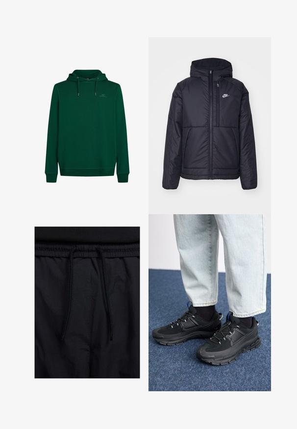 Black, padded Nike jacket with a front zipper and hood. Features a white logo on the left chest and dual front pockets. Smooth exterior texture.; Green hoodie made of soft fabric, featuring a front kangaroo pocket, adjustable drawstring hood, and ribbed cuffs and hem. Subtle logo detail on chest.; Black shorts featuring a drawstring waistband, lightweight fabric with a smooth texture, and a simple design without visible logos or patterns.; Black athletic shoes with textured fabric and rubber soles, featuring elastic laces and a blue accent on the heel. Worn with light denim pants.