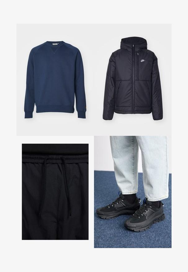 Casaco Nike preto, acolchoado, com fecho à frente e capuz. Apresenta um logo branco no lado esquerdo do peito e dois bolsos frontais. Textura exterior lisa.; Sweatshirt azul-marinho feito de algodão, com gola redonda, mangas raglan e punhos e bainha canelados. Design minimalista sem padrões visíveis.; Calções pretos com um cós elástico ajustável, fabricados em tecido leve com uma textura suave e um design simples, sem logótipos ou padrões visíveis.; Sapatilhas desportivas pretas com tecido texturizado e solas em borracha, apresentando atacadores elásticos e um detalhe azul no calcanhar. Usadas com calças de ganga claras.