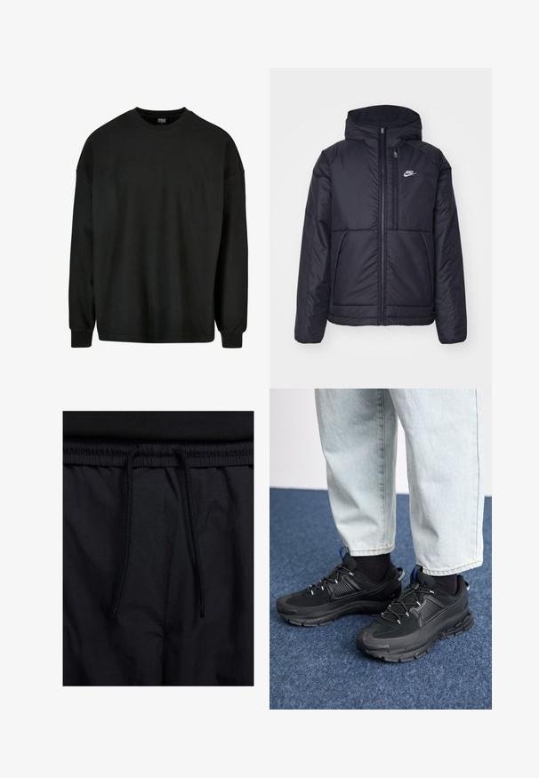 Črna, podložena Nike jakna z sprednjim zadrgo in kapuco. Ima bel logo na levem prsnem delu in dvojna sprednja žepa. Gladka zunanja tekstura.; Črna dolga majica s kratkimi rokavi iz rebraste tkanine z okroglim izrezi in ohlapnim krojem. Ponuja teksturirano tkanino in prilegajoče se manšete. Brez grafičnih podrobnosti.; Črne kratke hlače z vrvico v pasu, lahkotna tkanina z gladko teksturo in preprosto zasnovo brez vidnih logotipov ali vzorcev.; Črne športne čevlje z teksturirano tkanino in gumijastimi podplati, ki imajo elastične vezalke ter modre poudarke na peti. Nosi se z lahkimi denim hlačami.