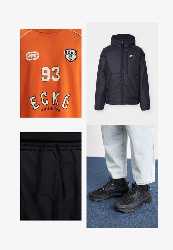 Chaqueta acolchada negra de Nike con cremallera frontal y capucha. Presenta un logo blanco en el lado izquierdo del pecho y dos bolsillos frontales. Textura exterior suave.; Camiseta de algodón naranja con el número blanco "93" y el lema "ECKŌ unlimited" en letras en blanco y negro. Incluye un logotipo con un rinoceronte.; Pantalones cortos negros con cinturilla ajustable, tejido ligero con una textura suave y un diseño sencillo sin logotipos visibles ni patrones.; Zapatillas deportivas negras con tejido texturizado y suelas de goma, con cordones elásticos y un acento azul en el talón. Combinadas con pantalones de mezclilla claros.