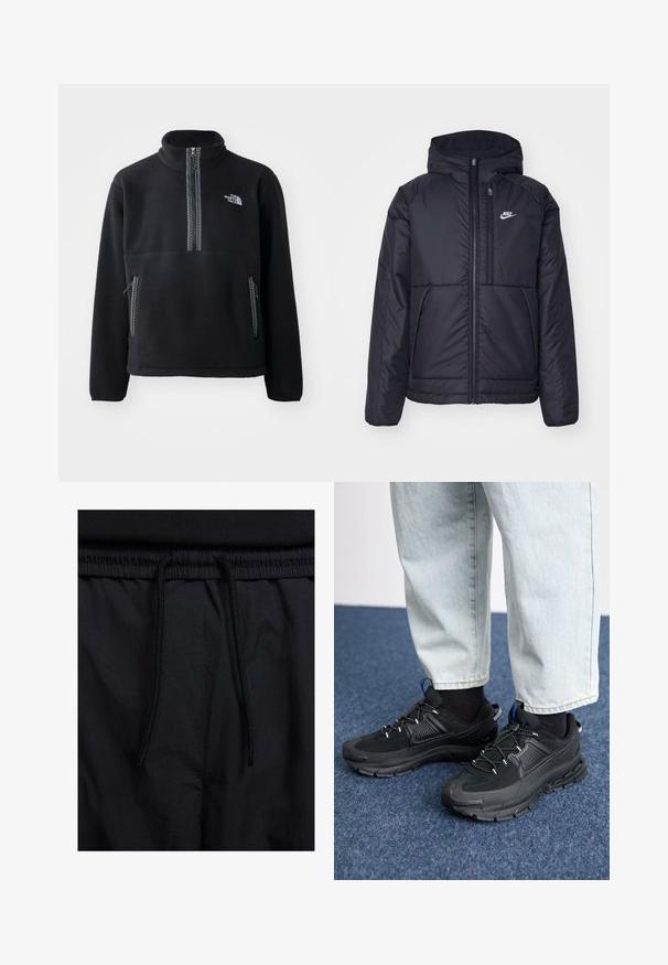 Juodas, paminkštintas Nike džemperis su priekyje užtrauktuku ir gobtuvu. Pasižymi balta logo kairėje krūtinės pusėje ir dviem priekinėmis kišenėmis. Su lygiu išoriniu paviršiumi.; Juodas flisinis pusiau užtrauktukas su aukštu apykakle, turintis krūtinės kišenę ir dvi šonines kišenes. Dizainas apima kontrastingo atspalvio užtrauktuką.; Juodos šortai su raišteliu juosmens srityje, lengva medžiaga su lygiu paviršiumi ir paprastas dizainas be matomų logotipų ar raštų.; Juodi sportiniai bateliai su tekstūruota medžiaga ir guminiais padais, su elastingomis raišteliais ir mėlynu akcentu ant kulno. Dėvimi su šviesiai mėlynomis džinsinėmis kelnėmis.