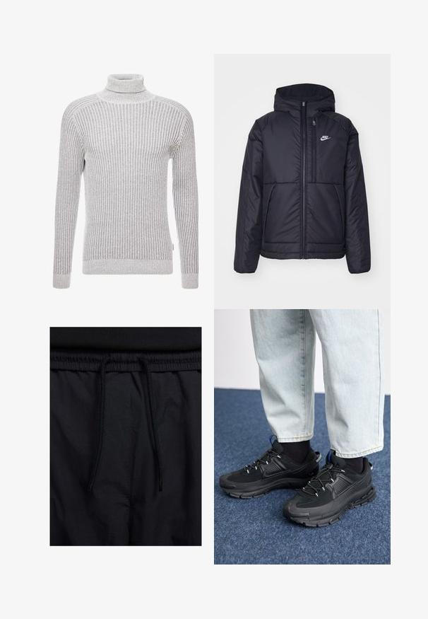 Black, padded Nike jacket with a front zipper and hood. Features a white logo on the left chest and dual front pockets. Smooth exterior texture.; Gray ribbed turtleneck sweater with long sleeves, featuring a textured pattern and a fitted silhouette at the neck and cuffs.; Black shorts featuring a drawstring waistband, lightweight fabric with a smooth texture, and a simple design without visible logos or patterns.; Black athletic shoes with textured fabric and rubber soles, featuring elastic laces and a blue accent on the heel. Worn with light denim pants.