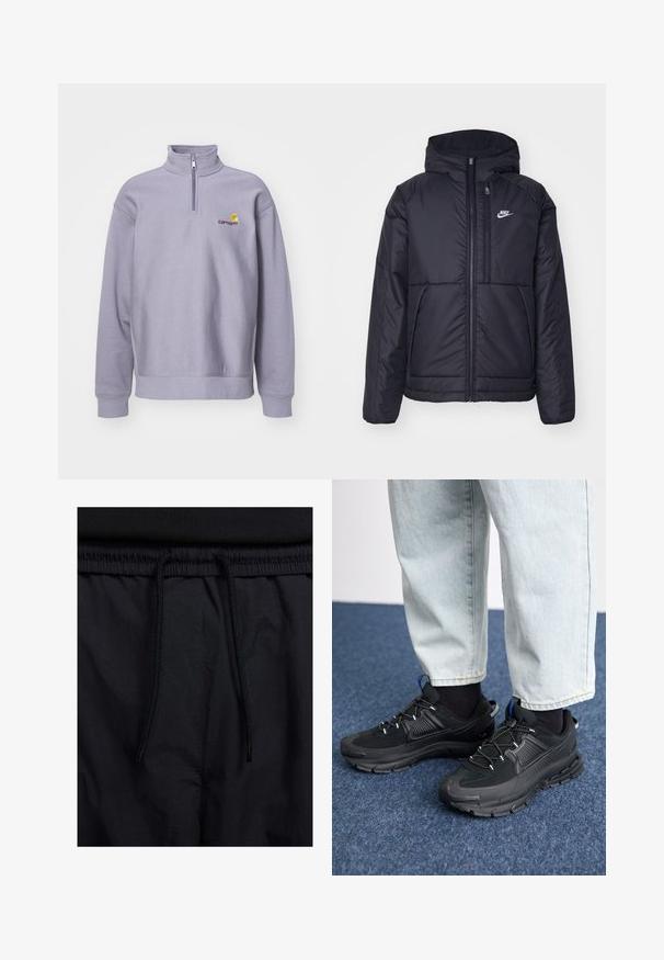 Veste Nike noire rembourrée avec une fermeture éclair sur le devant et une capuche. Elle présente un logo blanc sur la poitrine gauche et deux poches avant. Texture extérieure lisse.; Sweatshirt léger violet avec col montant, fermeture éclair à mi-hauteur et poignets côtelés. Présente un logo en bordeaux foncé et des accents jaunes.; Shorts noirs avec un élastique à cordon de serrage, en tissu léger avec une texture lisse, et un design simple sans logos ni motifs visibles.; Des chaussures de sport noires avec un tissu texturé et des semelles en caoutchouc, dotées de lacets élastiques et d'un accent bleu au talon. Portées avec un pantalon en denim clair.