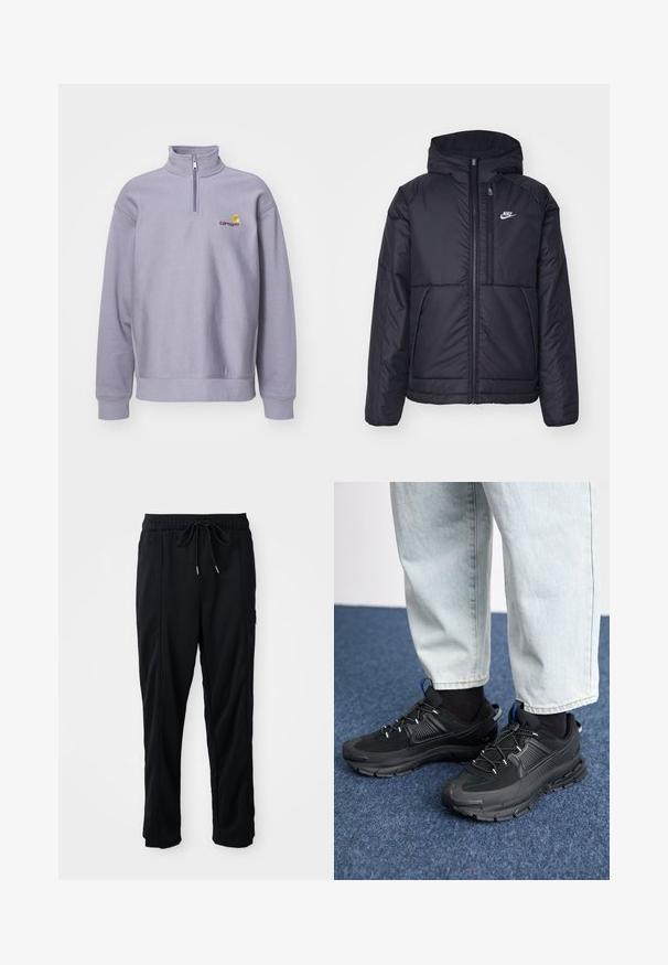 Black, padded Nike jacket with a front zipper and hood. Features a white logo on the left chest and dual front pockets. Smooth exterior texture.; Light purple pullover sweatshirt with high collar, half-zip closure, and ribbed cuffs. Features logo in dark maroon and yellow accents.; Black drawstring waist casual pants with side seam pockets and straight leg cut on a plain background.; Black athletic shoes with textured fabric and rubber soles, featuring elastic laces and a blue accent on the heel. Worn with light denim pants.