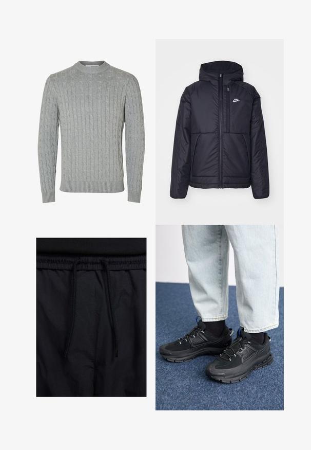 Crna Nike jakna s podstavom, dugmadi sprijeda i kapuljačom. Ima bijeli logotip na lijevoj strani prsnog koša i dva prednja džepa. Glatka vanjska tekstura.; Sivi pulover od pletene vune s okruglim izrezom, rebrastim manžetama i pojasom. Tekstura ima uzdignute uzorke kroz cijelu tkaninu.; Crne kratke hlače s pojasom na vezanje, lagani materijal s glatkom teksturom i jednostavan dizajn bez vidljivih logotipa ili uzoraka.; Crne atletske cipele s teksturiranom tkaninom i gumene potplate, s elastičnim vezicama i plavim akcentom na peti. Nosene su s svijetlim trapericama.