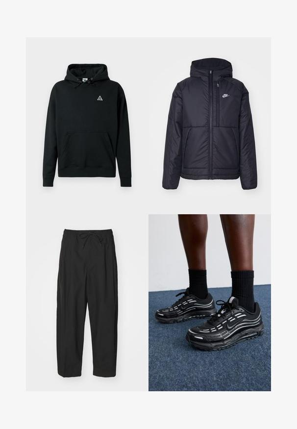 Casaco Nike preto, acolchoado, com fecho à frente e capuz. Apresenta um logo branco no lado esquerdo do peito e dois bolsos frontais. Textura exterior lisa.; Sweatshirt preto feito de um material suave, com um bolso frontal, cordões ajustáveis e um pequeno logótipo branco no peito.; Calças pretas com cintura elástica, fecho por cordão e ajuste solto. Feitas de um tecido suave, com um design minimalista.; Os sapatos pretos da Nike apresentam um upper em malha com riscas de destaque, atacadores texturizados e uma sola de borracha preta. Usados com meias pretas caneladas.