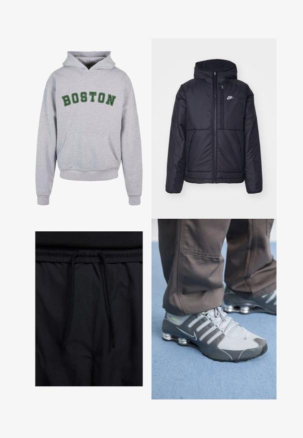 Melna, pufota Nike jaka ar priekšējo rāvējslēdzēju un kapuci. Iezīmēta ar baltu logotipu uz kreisās krūtis un divām priekšējām kabatām. Gluda ārējā tekstūra.; Pelēka kapuce ar priekšējo kabatu, kurā uz krūtīm ar tumši zaļu izliekta fonta ir rakstīts "BOSTON". Klasisks dizains ar regulējamu kapuci.; Melni šorti ar sašūtu jostu, viegls audums ar gludu tekstūru un vienkāršs dizains bez redzamiem logotipiem vai paraugiem.; Pelēki un sudraba Nike Shox sporta apavi izceļas ar elegantu dizainu, izmantojot acu un sintētiskos materiālus, apaļu purngalu un mīkstinātu apkakli.