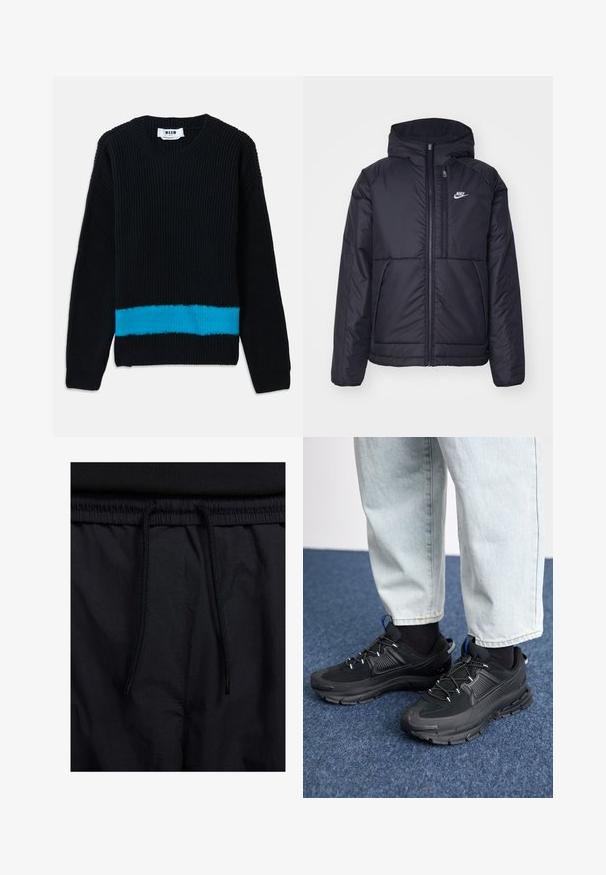 Zwarte, gewatteerde Nike-jas met een voorkant met ritssluiting en capuchon. Kenmerkt zich door een wit logo op de linkerborst en dubbele frontzakken. Gladde buitenkant.; Zwarte gewatteerde trui met ribbelstructuur, voorzien van een horizontale turquoise streep aan de onderkant. Klassieke ronde halslijn en lange mouwen.; Zwarte shorts met een drawstring tailleband, lichtgewicht stof met een zachte textuur en een eenvoudig ontwerp zonder zichtbare logo's of patronen.; Zwarte sportschoenen met gestructureerde stof en rubberen zolen, met elastische veters en een blauwe accent op de hiel. Draag samen met lichte spijkerbroeken.