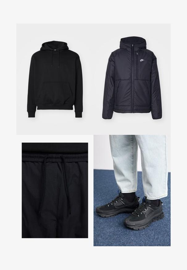 Čierna, polstrovaná bunda Nike so zipsom vpredu a kapucňou. Na ľavej strane hrude sa nachádza biele logo a sú tu dva predné vrecká. Hladký vonkajší povrch.; Čierna svetrová mikina s kapucňou vyrobená z jemnej zmesi bavlny, má klokaniu kapsu, kapucňu s šnúrkou, ribbované manžety a voľný strih.; Čierne šortky s pásom na stiahnutie, z ľahkej látky s hladkou textúrou a jednoduchým dizajnom bez viditeľných log alebo vzorov.; Čierne športové topánky s textúrovanou tkaninou a gumovou podrážkou, so elastickými šnúrkami a modrým akcentom na päte. Nosia sa s svetlými riflami.