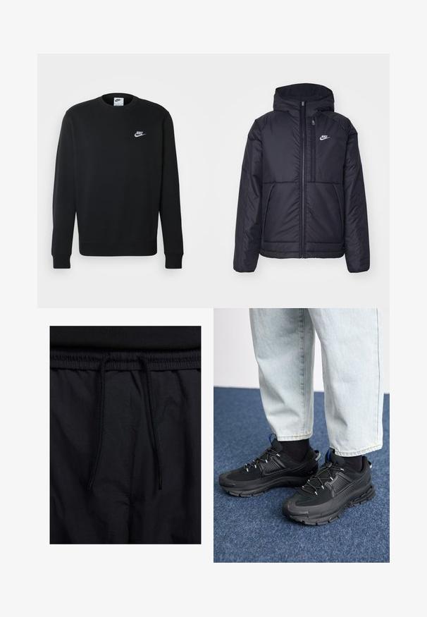 Svart, vadderad Nike-jacka med dragkedja framtill och huva. Har en vit logotyp på vänster bröst och dubbla framfickor. Slät yttextur.; Svart sweatshirt i mjuk tyg, med rund halsringning, långa ärmar, ribbade muddar och en liten vit Nike-logga på bröstet.; Svarta shorts med dragsko i midjan, lättviktig tyg med en slät yta och en enkel design utan synliga logotyper eller mönster.; Svarta sportskor med texturerat tyg och gummisulor, med elastiska snörningar och en blå detalj på hälen. Bärs med ljusa jeans.