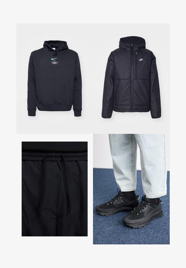 Fekete, párnázott Nike dzseki elülső cipzárral és kapucnival. A bal mellen fehér logó található, valamint két elülső zseb. Simának tűnő külső felület.; Fekete kapucnis pulóver kenguruzsebbel és zsinórral. Világoskék Nike logó és szöveg található a mellrészen. Puha anyag, bordás mandzsetta és alj.; Fekete rövidnadrág, húzózsinórral ellátott derékrésszel, könnyű anyagból, sima felszínen, egyszerű dizájnnal, látható logók vagy minták nélkül.; Fekete sportcipők texturált anyaggal és gumitalppal, elasztikus fűzőkkel és kék kiegészítővel a saroknál. Világos farmernadrággal viselve.