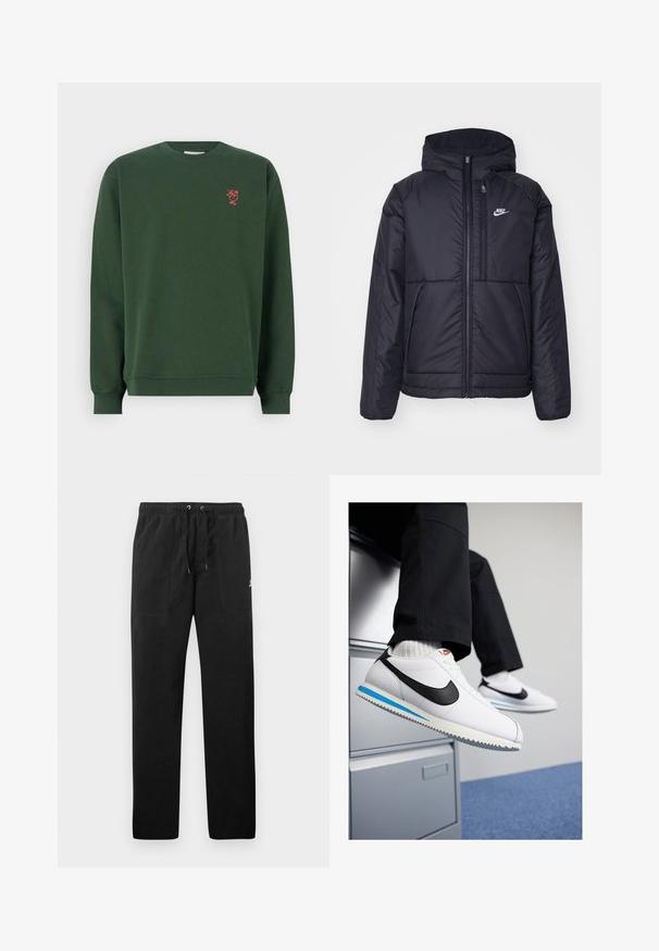 Crna Nike jakna s podstavom, dugmadi sprijeda i kapuljačom. Ima bijeli logotip na lijevoj strani prsnog koša i dva prednja džepa. Glatka vanjska tekstura.; Tamnozeleni pamučni dukserica s dugim rukavima, rebrastim manžetama i okruglim izrezom. Ima mali crveni izvezeni dizajn na prsima.; Crne trenirke od flisa, s elastičnim pojasom i vezicama, dva prednja džepa i mali logo na butini.; Bijele kožne tenisice s crnim Nike logotipom, svijetloplavi i sivi gumeni potplat te klasičan dizajn vezanja. Noge su naslonjene na ormar.