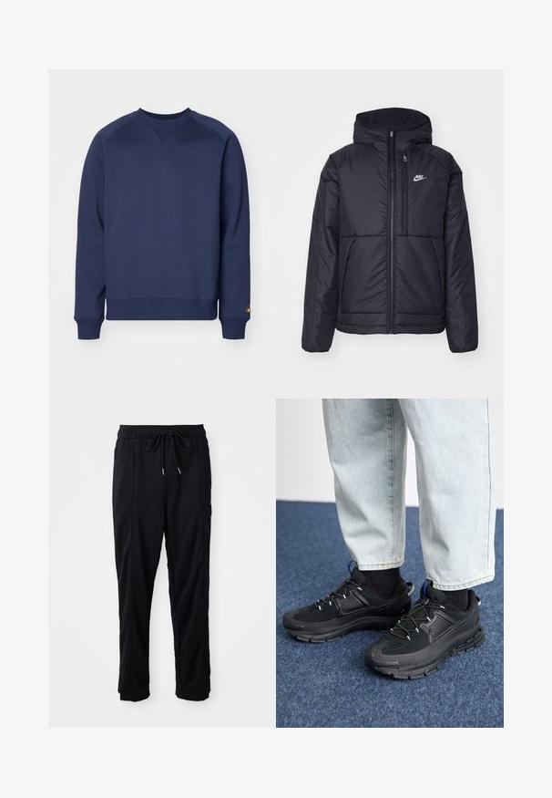 Casaco Nike preto, acolchoado, com fecho à frente e capuz. Apresenta um logo branco no lado esquerdo do peito e dois bolsos frontais. Textura exterior lisa.; Sweatshirt azul-marinho feito de tecido macio, com gola redonda, punhos e bainha canelados, e um pequeno detalhe de logo na manga.; Calças casuais pretas com cordão na cintura, com bolsos laterais e corte reto, sobre um fundo simples.; Sapatilhas desportivas pretas com tecido texturizado e solas em borracha, apresentando atacadores elásticos e um detalhe azul no calcanhar. Usadas com calças de ganga claras.