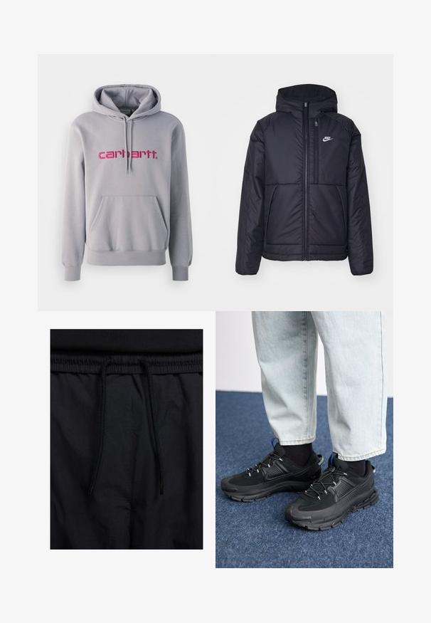 Černá zateplená bunda Nike s předním zipem a kapucí. Na levé straně hrudi má bílé logo a dvojité přední kapsy. Hladký povrch.; Šedá mikina s kapucí, která má přední kapsu a růžově vyšitý nápis "carhartt". Vyrobena z měkkého materiálu s ribkovanými manžetami a lemem.; Černé šortky s páskem na šňůrku, lehký materiál s hladkou texturou a jednoduchý design bez viditelných log nebo vzorů.; Černé sportovní boty s texturovanou tkaninou a gumovou podrážkou, s elastickými tkaničkami a modrým akcentem na patě. Nosí se s světlými džíny.