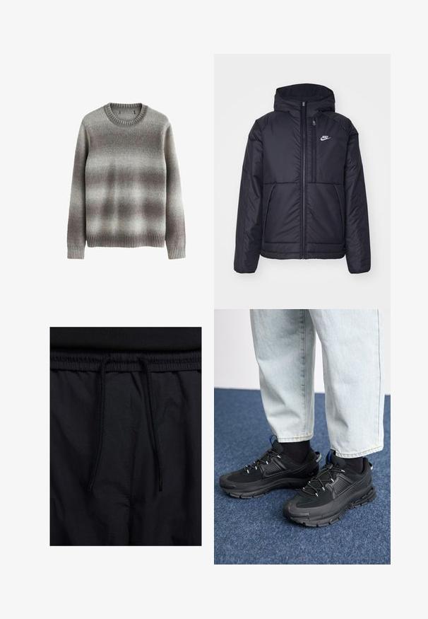 Juodas, paminkštintas Nike džemperis su priekyje užtrauktuku ir gobtuvu. Pasižymi balta logo kairėje krūtinės pusėje ir dviem priekinėmis kišenėmis. Su lygiu išoriniu paviršiumi.; Pilkas megztinis, pagamintas iš minkštos medžiagos, su klasikiniu apvaliu kaklu, raukšlėtomis rankovių ir apačios dalimis, turintis gradientinį raštą, kuriame matomi šviesesni ir tamsesni atspalviai.; Juodos šortai su raišteliu juosmens srityje, lengva medžiaga su lygiu paviršiumi ir paprastas dizainas be matomų logotipų ar raštų.; Juodi sportiniai bateliai su tekstūruota medžiaga ir guminiais padais, su elastingomis raišteliais ir mėlynu akcentu ant kulno. Dėvimi su šviesiai mėlynomis džinsinėmis kelnėmis.