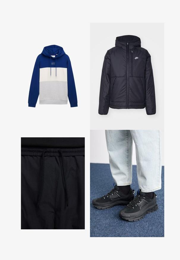 Czarna, pikowana kurtka Nike z przednim zamkiem błyskawicznym i kapturem. Posiada białe logo po lewej stronie klatki piersiowej oraz podwójne kieszenie z przodu. Gładka struktura zewnętrzna.; TOM TAILOR DENIM - Bluza z kapturem; Czarne szorty z elastycznym paskiem na sznurku, lekkiego materiału o gładkiej fakturze oraz prostym wzornictwie bez widocznych logo czy wzorów.; Czarne buty sportowe z teksturowanej tkaniny i gumowymi podeszwami, z elastycznymi sznurówkami i niebieskim akcentem na pięcie. Noszone z jasnymi dżinsami.