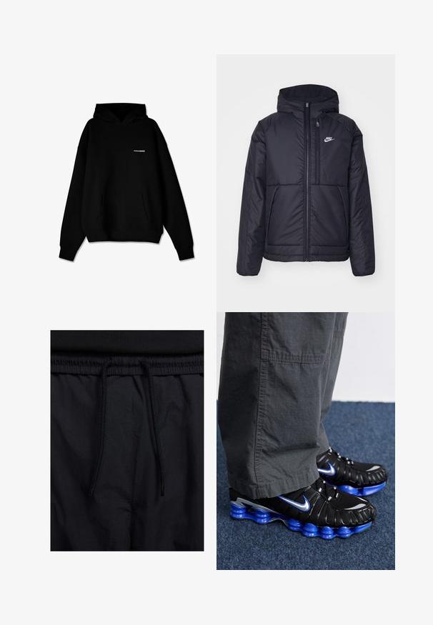 Must musta Nike jope, millel on ees lukuga avamine ja kapuuts. Vasakpoolne rind on kaunistatud valge logoga ning ees on kaks taskut. Sile välimine tekstuur.; Mustmustel õhkuvõtva kapuutsiga dressipluus esipaneeli taskuga ja väikese valge "PEGADOR" logoga rinnal, esitatud valgel taustal.; Mustad lühikesed püksid, millel on paelaga vöökoht, kerge kangas, mis on sileda tekstuuriga ning lihtne disain ilma nähtavate logode või mustriteta.; Mustad mustreeritud mustad jooksujalanõud siniste ja hõbedaste aktsentidega, millel on tekstureeritud ülemine osa, julge talla disain ja nööbistamissüsteem. Asetatud sinisele vaibale.