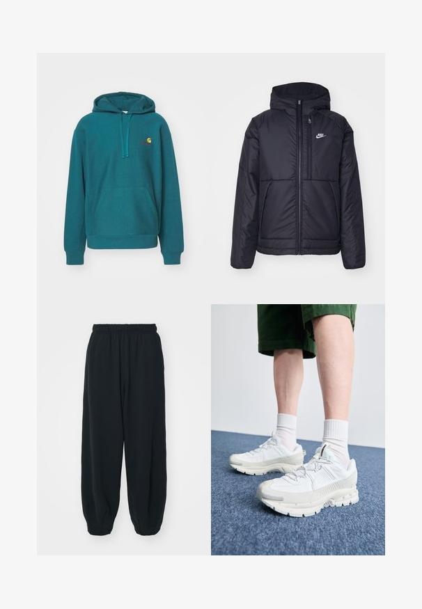 Čierna, polstrovaná bunda Nike so zipsom vpredu a kapucňou. Na ľavej strane hrude sa nachádza biele logo a sú tu dva predné vrecká. Hladký vonkajší povrch.; Tyrkysová mikina s kapucňou a predným vreckom, s šnúrkou na stiahnutie a vyšitým logom v žltej a červenej farbe. Vyrobená z mäkkej, štruktúrovanej látky.; Čierne tepláky s elastickým pásom, vo voľnom strihu, s manžetami na členkoch, hladkej textúry a bez viditeľných vzorov alebo kovových doplnkov.; Biele športové topánky s textúrovanými prešívaniami, robustnou podrážkou a sivými akcentami. Nosené s bielymi ponožkami po členky a zelenými šortkami na modrom povrchu.