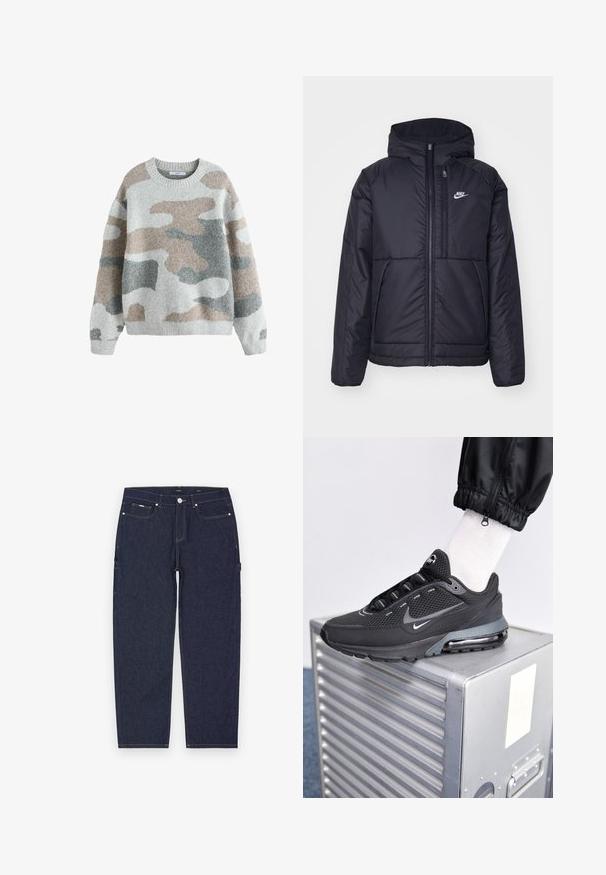 Giacca Nike nera, imbottita, con zip frontale e cappuccio. Presenta un logo bianco sul lato sinistro del petto e doppie tasche frontali. Texture esterna liscia.; Maglione grigio con un motivo camouflage in tonalità di beige, grigio chiaro e grigio scuro. Presenta un collo rotondo e polsini a costine. Tessuto morbido.; Pantaloni cargo in denim blu scuro con taglio diritto, caratterizzati da cuciture gialle visibili, tasche frontali e laterali, e chiusura con bottone in metallo.; Nike Sportswear PULSE - Sneakers basse - black/anthracite