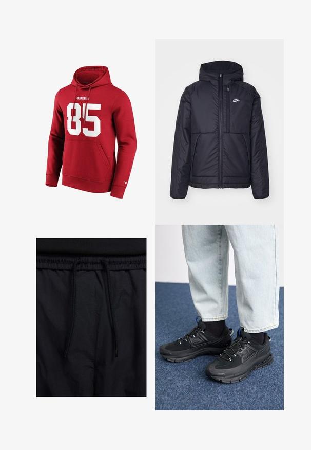Veste Nike noire rembourrée avec une fermeture éclair sur le devant et une capuche. Elle présente un logo blanc sur la poitrine gauche et deux poches avant. Texture extérieure lisse.; Sweatshirt à capuche rouge avec un grand "85" blanc imprimé sur le devant, muni d'une poche kangourou et de poignets côtelés pour un bon ajustement.; Shorts noirs avec un élastique à cordon de serrage, en tissu léger avec une texture lisse, et un design simple sans logos ni motifs visibles.; Des chaussures de sport noires avec un tissu texturé et des semelles en caoutchouc, dotées de lacets élastiques et d'un accent bleu au talon. Portées avec un pantalon en denim clair.