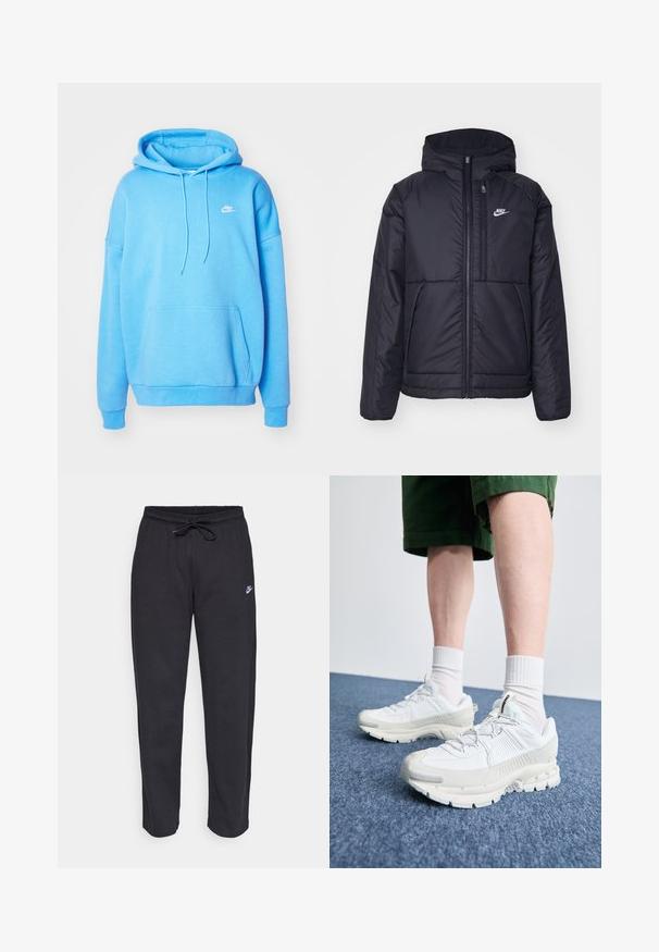 Casaco Nike preto, acolchoado, com fecho à frente e capuz. Apresenta um logo branco no lado esquerdo do peito e dois bolsos frontais. Textura exterior lisa.; Sweatshirt azul claro com bolso frontal e capuz ajustável. Apresenta um pequeno logo branco da Nike no lado superior esquerdo. Textura suave.; Calças de treino pretas feitas de tecido suave, com faixa elástica na cintura, cordão regulador e um pequeno logótipo da Nike na coxa esquerda.; Sapatos atléticos brancos com sobreposições texturizadas, sola espessa e detalhes em cinza. Usados com meias brancas até ao tornozelo e calções verdes sobre uma superfície azul.