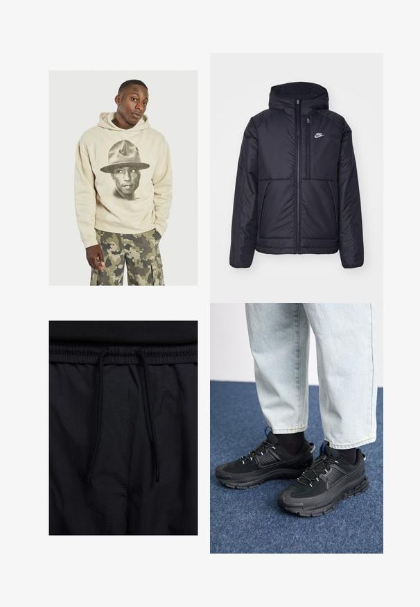 Čierna, polstrovaná bunda Nike so zipsom vpredu a kapucňou. Na ľavej strane hrude sa nachádza biele logo a sú tu dva predné vrecká. Hladký vonkajší povrch.; Béžová mikina s kapucňou s veľkým čierno-bielym grafickým motívom osoby v klobúku. Bavlnený materiál s jemnou textúrou. Voľný strih a klokanie vrecko.; Čierne šortky s pásom na stiahnutie, z ľahkej látky s hladkou textúrou a jednoduchým dizajnom bez viditeľných log alebo vzorov.; Čierne športové topánky s textúrovanou tkaninou a gumovou podrážkou, so elastickými šnúrkami a modrým akcentom na päte. Nosia sa s svetlými riflami.