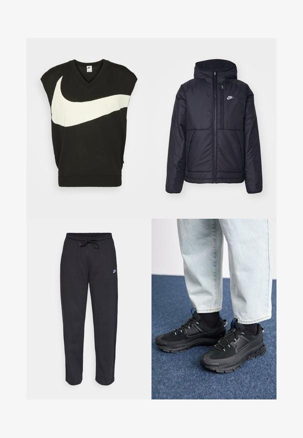 Casaco Nike preto, acolchoado, com fecho à frente e capuz. Apresenta um logo branco no lado esquerdo do peito e dois bolsos frontais. Textura exterior lisa.; Pulôver preto sem mangas com decote em V, apresentando um destacado logo da Nike em branco na frente. Textura de malha suave com barra canelada.; Calças de treino pretas feitas de tecido suave, com faixa elástica na cintura, cordão regulador e um pequeno logótipo da Nike na coxa esquerda.; Sapatilhas desportivas pretas com tecido texturizado e solas em borracha, apresentando atacadores elásticos e um detalhe azul no calcanhar. Usadas com calças de ganga claras.
