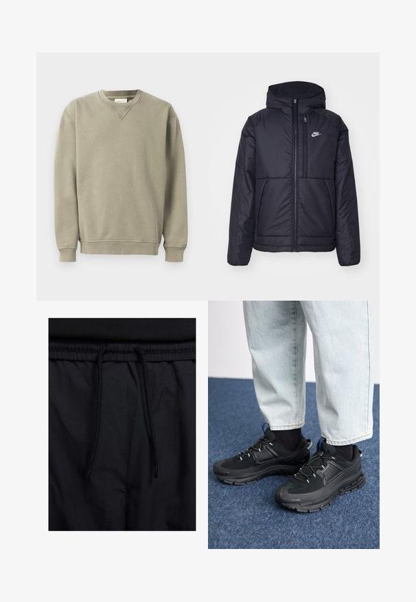 Musta, pehmustettu Nike-takki, jossa on etuvetoketju ja huppu. Vasemmassa rinnassa on valkoinen logo ja takissa on kaksinkertaiset etutaskut. Pintakoe on sileä.; Huppari khaki, joka on valmistettu pehmeästä puuvillasekoitteesta. Siinä on pyöreä kaula-aukko, ribbausmanteet ja rento istuvuus, jossa on hienovaraisia ompelutietoja.; Mustat shortsit, joissa on naru vyötäröllä, kevyestä kankaasta valmistettu, sileä tekstuuri ja yksinkertainen muotoilu ilman näkyviä logoja tai kuvioita.; Mustat urheilukengät, joissa on teksturoitu kangas ja kumipohjat, elastiset nauhat ja sininen yksityiskohta kannassa. Yhdistetty vaaleisiin farkkuihin.