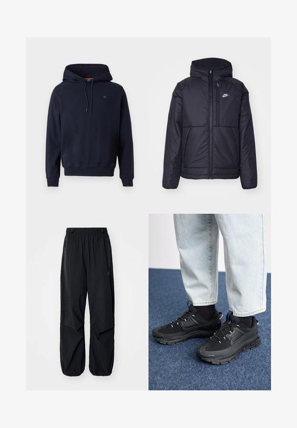 Melna, pufota Nike jaka ar priekšējo rāvējslēdzēju un kapuci. Iezīmēta ar baltu logotipu uz kreisās krūtis un divām priekšējām kabatām. Gluda ārējā tekstūra.; Tums zila kapuce ar garām piedurknēm, priekšējām auklām, ribotām aprocēm un apakšmalu, kā arī maza emblēma uz krūšu daļas.; Melnas vieglas kravas bikses ar elastīgu jostu, sānu rāvējslēdzējiem un plašām kabatām. Izaicinājumu veido brīvi pieguļoša piegriezne un sašaurināti aproces.; Melni sporta apavi ar strukturētu audumu un gumijas zoli, ar elastīgām auklām un zilu akcentu uz papēža. Nēsāti ar gaišām džinsu biksēm.