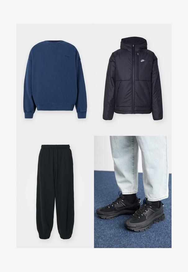 Črna, podložena Nike jakna z sprednjim zadrgo in kapuco. Ima bel logo na levem prsnem delu in dvojna sprednja žepa. Gladka zunanja tekstura.; Modra srajca iz mehkega blaga, dolgem rokavu, okroglim izrezom in rebrastimi manšeti ter robom. Diskreten logotip na hrbtni strani.; Črne, elastične hlače za prosti čas z ohlapnim krojem, manšetami na gležnjih, gladko teksturo in brez vidnih vzorcev ali dodatkov.; Črne športne čevlje z teksturirano tkanino in gumijastimi podplati, ki imajo elastične vezalke ter modre poudarke na peti. Nosi se z lahkimi denim hlačami.