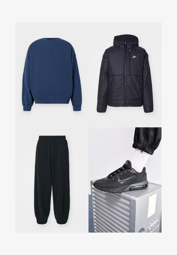 Chaqueta acolchada negra de Nike con cremallera frontal y capucha. Presenta un logo blanco en el lado izquierdo del pecho y dos bolsillos frontales. Textura exterior suave.; Sudadera azul marino hecha de tejido suave, con mangas largas, cuello redondo y puños y dobladillo acanalados. Logo sutil en la parte posterior.; Pantalones de chándal negros con cintura elástica, de corte holgado, con puños en los tobillos, textura suave y sin patrones visibles ni acentos metálicos.; Nike Sportswear PULSE - Zapatillas - black/anthracite