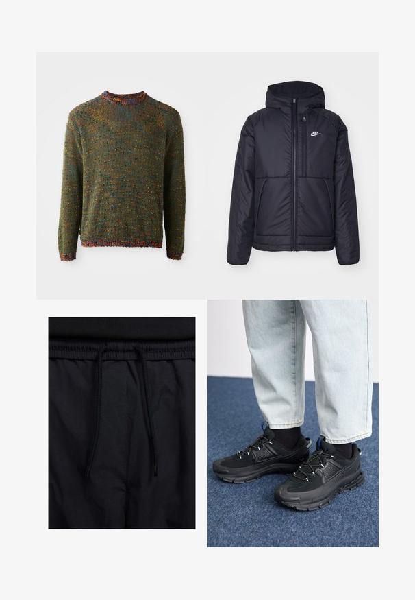 Zwarte, gewatteerde Nike-jas met een voorkant met ritssluiting en capuchon. Kenmerkt zich door een wit logo op de linkerborst en dubbele frontzakken. Gladde buitenkant.; Gebreide trui in donkergroen met een gestructureerd patroon, voorzien van meerkleurige spikkels en een geribbelde halslijn en mouwen.; Zwarte shorts met een drawstring tailleband, lichtgewicht stof met een zachte textuur en een eenvoudig ontwerp zonder zichtbare logo's of patronen.; Zwarte sportschoenen met gestructureerde stof en rubberen zolen, met elastische veters en een blauwe accent op de hiel. Draag samen met lichte spijkerbroeken.