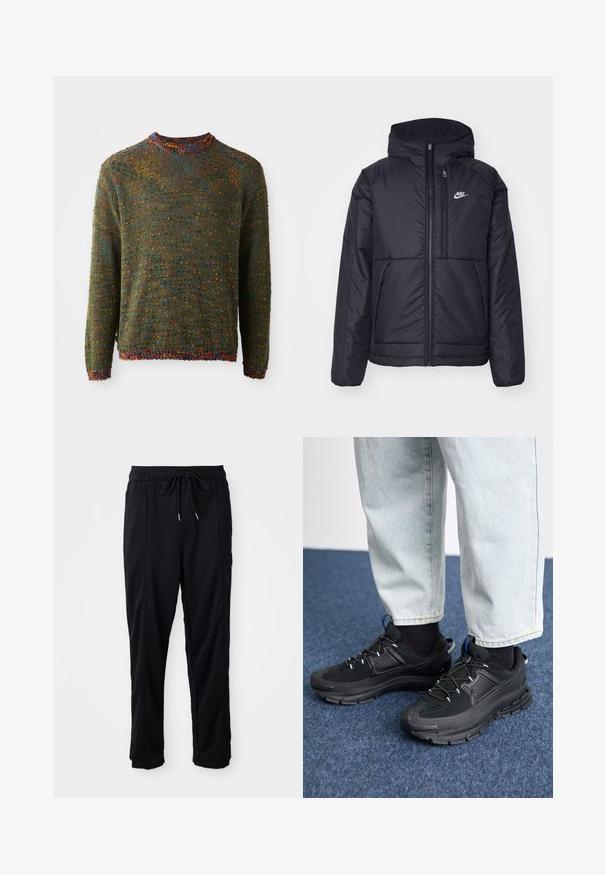 Črna, podložena Nike jakna z sprednjim zadrgo in kapuco. Ima bel logo na levem prsnem delu in dvojna sprednja žepa. Gladka zunanja tekstura.; Pleteni pulover v temno zeleni barvi z teksturiranim vzorcem, ki vsebuje večbarvne pike ter rebrast ovratnik in manšete.; Črne casual hlače z vrvico v pasu, s stranskimi žepi in ravnim rezom na enobarvni podlagi.; Črne športne čevlje z teksturirano tkanino in gumijastimi podplati, ki imajo elastične vezalke ter modre poudarke na peti. Nosi se z lahkimi denim hlačami.