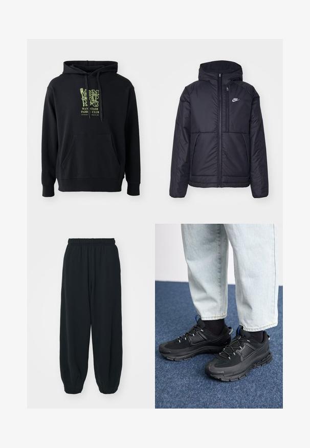 Musta, pehmustettu Nike-takki, jossa on etuvetoketju ja huppu. Vasemmassa rinnassa on valkoinen logo ja takissa on kaksinkertaiset etutaskut. Pintakoe on sileä.; Musta huppari, joka on valmistettu puuvillasekoitteesta, sisältää etutaskun, nyörit ja suuren vihreän graafisen kuvion rinnassa, jossa lukee "MAN STASH PADDLE CLUB."; Mustat, elastisella vyötäröllä varustetut collegehousut, joissa on löysä istuvuus, cuffattu lahje, sileä pinta ja ilman näkyviä kuvioita tai varusteita.; Mustat urheilukengät, joissa on teksturoitu kangas ja kumipohjat, elastiset nauhat ja sininen yksityiskohta kannassa. Yhdistetty vaaleisiin farkkuihin.