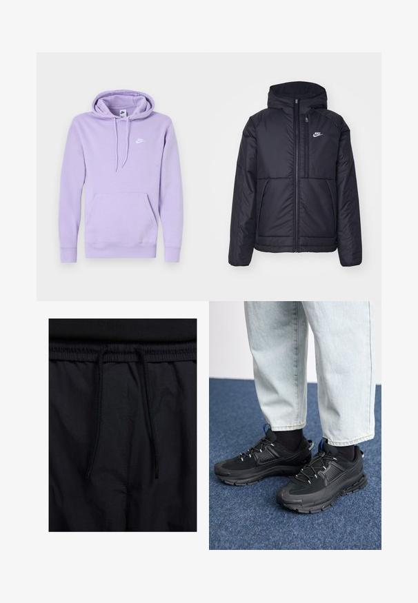 Črna, podložena Nike jakna z sprednjim zadrgo in kapuco. Ima bel logo na levem prsnem delu in dvojna sprednja žepa. Gladka zunanja tekstura.; Vijoličast pulover s kapuco iz mehkega blaga, z sprednjim žepom, kapuco s vrvico in belim logotipom Nike na prsih.; Črne kratke hlače z vrvico v pasu, lahkotna tkanina z gladko teksturo in preprosto zasnovo brez vidnih logotipov ali vzorcev.; Črne športne čevlje z teksturirano tkanino in gumijastimi podplati, ki imajo elastične vezalke ter modre poudarke na peti. Nosi se z lahkimi denim hlačami.