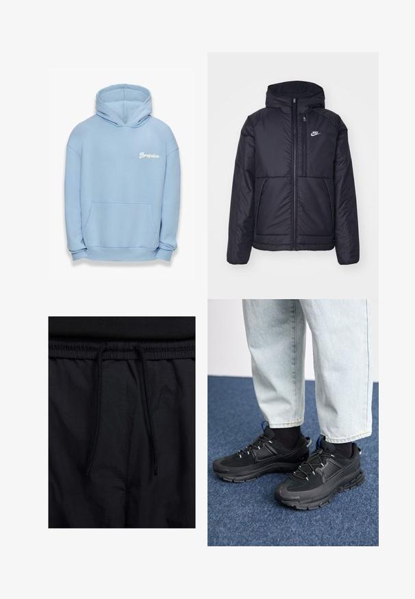 Must musta Nike jope, millel on ees lukuga avamine ja kapuuts. Vasakpoolne rind on kaunistatud valge logoga ning ees on kaks taskut. Sile välimine tekstuur.; Hea sinine kapuutsiga särk, mis on valmistatud pehme tekstuuriga kangast. Omab eesmist taskut, soonikuga serva ja valget tikandiga "Dropsize" logo.; Mustad lühikesed püksid, millel on paelaga vöökoht, kerge kangas, mis on sileda tekstuuriga ning lihtne disain ilma nähtavate logode või mustriteta.; Mustad mustad jooksukingad, millel on tekstureeritud kangas ja kummist tallad, elastsed nöörid ning sinine aksent kandadel. Kandmine heledate teksadega.